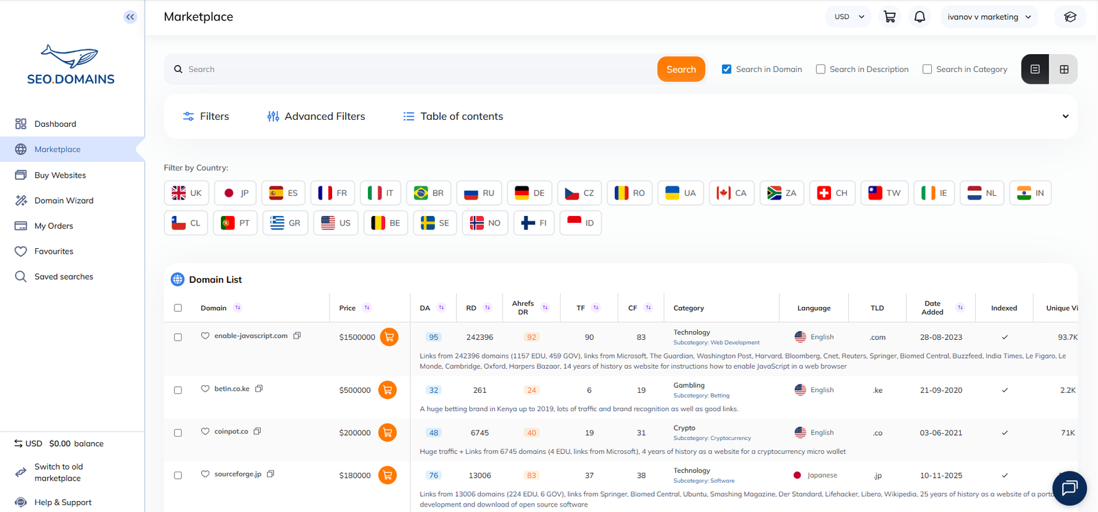 SEO Domains marketplace listing 220,000 plus aged-domain inventory with documented registration history