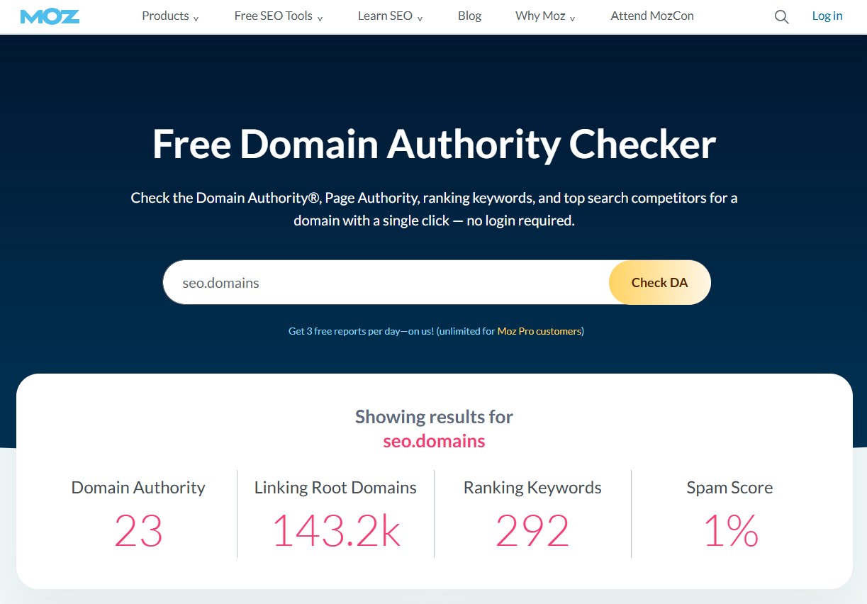 Moz Free Domain Authority Checker showing seo.domains with Domain Authority 23, Linking Root Domains 143.2k, Ranking Keywords 292, Spam Score 1%