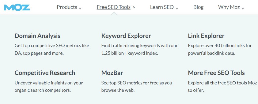 Moz Free SEO Tools dropdown menu showing Domain Analysis, Keyword Explorer, Link Explorer, Competitive Research, MozBar, and More Free SEO Tools options